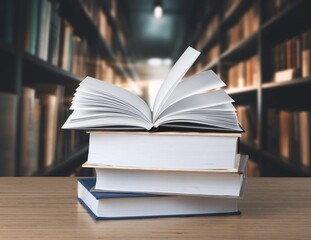 stack of books in library on wooden table