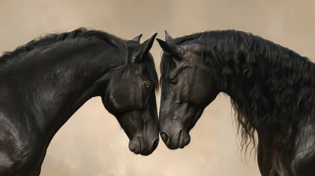Ai generated image of closeup portrait of two majestic black friesian horses touching heads, showcasing their bond and elegant beauty in a serene moment