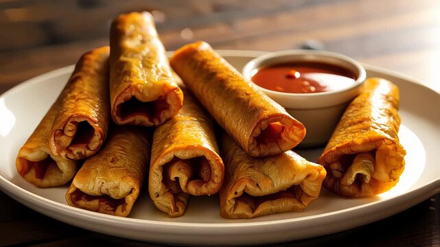 Golden Crisp Rolled Pastries with Savory Filling Alongside Spicy Red Dipping Sauce on White Ceramic Plate
