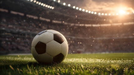 Fototapeta premium Soccer ball on the grass of a stadium during a sunny day, ready for the game to start