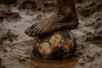 Obraz premium Barefoot on Muddy Soccer Ball
