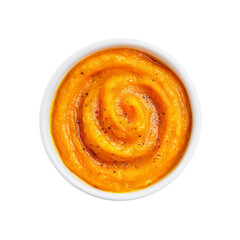 Overhead View of Creamy Pumpkin Puree in a White Bowl