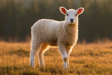 Obraz premium Cute Lamb Standing Alone in a Meadow During Golden Hour Light