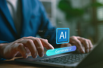 Fototapeta na wymiar Artificial intelligence prompt generation concept. Businessman typing on laptop with AI interface and generate button. Technology innovation, generative AI, automation and smart tool.