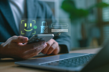 Biometric face recognition and mobile login concept. User holding smartphone with digital security icons. Secure authentication, password protection and digital identity access.