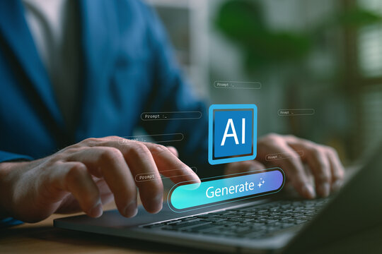 Artificial intelligence prompt generation concept. Businessman typing on laptop with AI interface and generate button. Technology innovation, generative AI, automation and smart tool.
