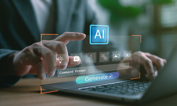 Generative AI interface concept. Hand interacting with virtual command prompt and generate button on laptop. Digital content creation, artificial intelligence technology and automation tool.