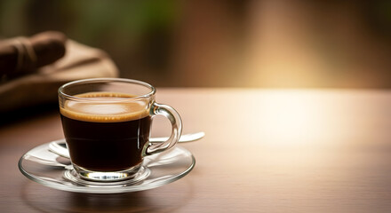 Fototapeta premium Espresso in a clear glass cup on a saucer close up shot.