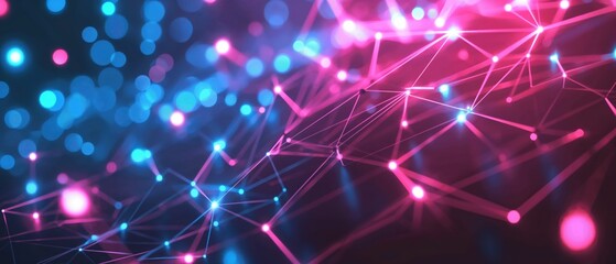 Obraz premium Abstract network of pink and blue glowing lights with connected lines and bokeh effects
