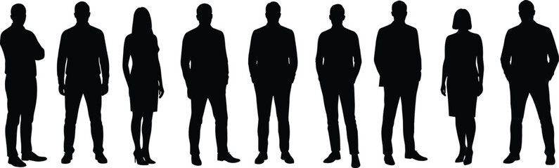 Silhouette business people standing, professional men and women group, corporate team concept, office staff posing, teamwork illustration, company employees isolated background