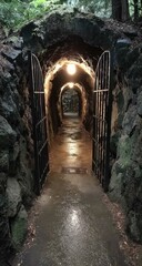 A dark tunnel entrance, walled in stone, opens to a pathway