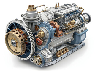Detailed mechanical engine internal components in exploded view with intricate gears and metallic finishes