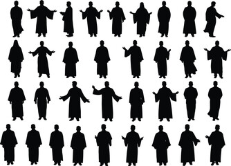 Silhouettes of people in robes, various poses and gestures, black shadow figures, anonymous characters, isolated on white background, vector illustration.
