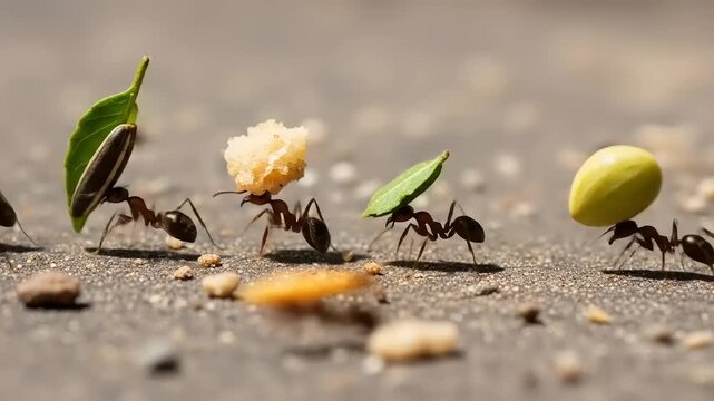 A line of leafcutter ants transporting food and leaves along a textured surface in a natural setting