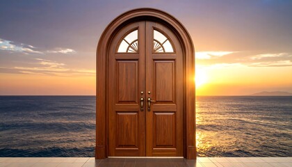Ornate wooden double door, arched top, sunset ocean backdrop
