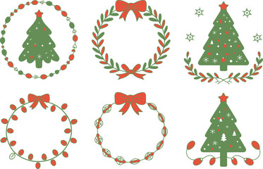 Christmas wreaths and christmas trees on a white background