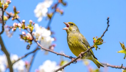 A small green bird sings in spring blossoms