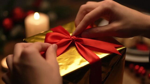 Wrapping Christmas Presents with Ribbon and Candlelight