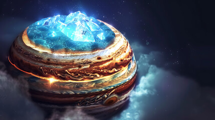 Jupiter depicted as a layered gemstone in cross-section, revealing an unexpected luminous core.