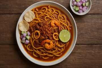 Mie Aceh Spicy Noodle Dish &ndash; Traditional Indonesian Curried Yellow Noodles with Shrimp, Stir-Fried