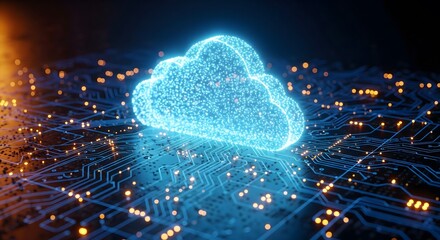 Fototapeta premium A glowing cloud symbol above a circuit board. Represents cloud computing, data storage, network technology, and digital information transfer.