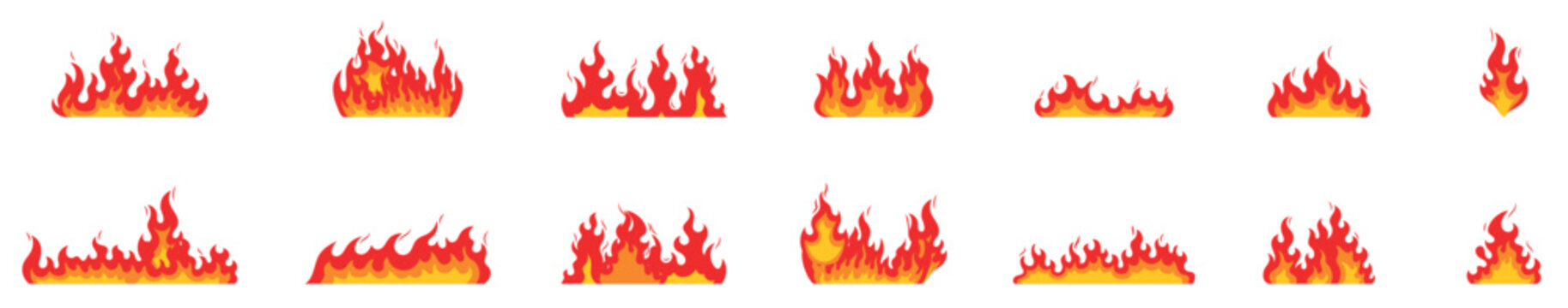 Cartoon fire flames set. Hot bonfire elements, burning effects, hell blaze. Vector symbols for campfire, Fire border silhouette seamless pattern - orange yellow flames on black background, burning vec