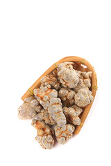 Wenshan Panax Pseudoginseng Roots in Traditional Bamboo Basket on White Background