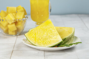Fresh Yellow Watermelon Slices with Juice - Healthy Summer Fruit Refreshment