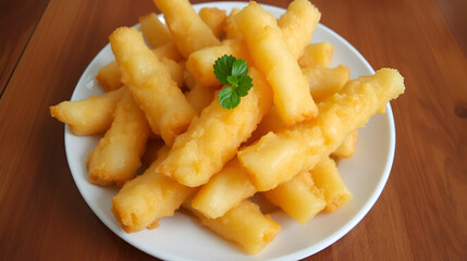 Deep fried cassava root. Brazilian Mandioca Frita (deep fried cassava/ manioc/yuca). Feijoada side dish