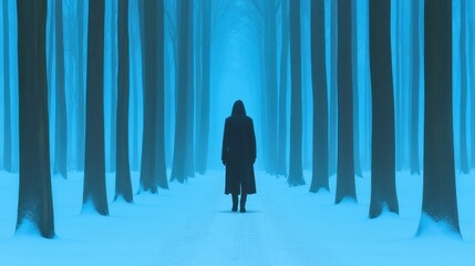 Mysterious figure walking through a snow covered forest in shades of blue creating a surreal and