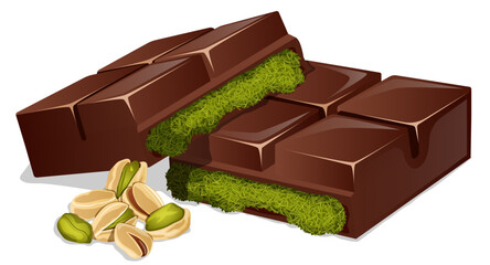 Nutty Dubai Chocolate Broken Bar with Pistachio, Tahini and Kadayif Filling Traditional Middle Eastern Dessert Illustration