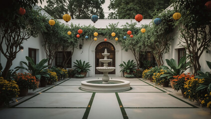 Courtyard Serenity: A stunning outdoor oasis, adorned with vibrant lanterns, features an elegant fountain, lush greenery, and a blend of architectural styles.