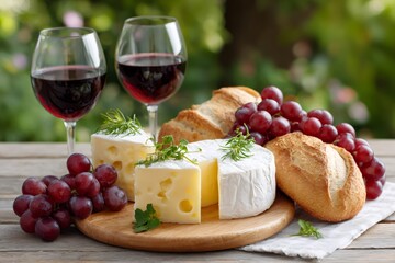 Red wine, cheese, bread and grapes composing a french appetizer on wooden table