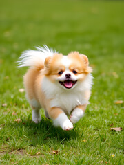Cute puppies Pomeranian Mixed breed Pekingese dog run on the grass with happiness