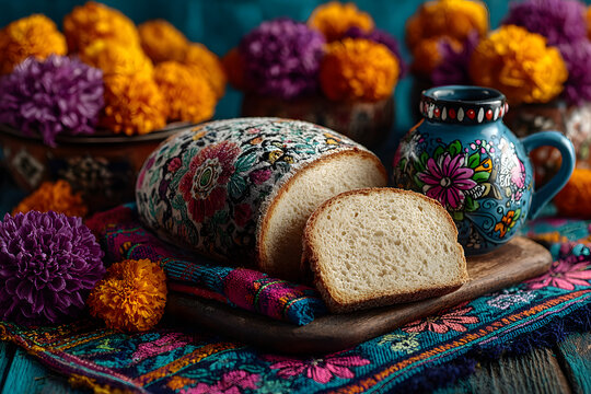Day of the dead, Dia De Los Muertos Celebration Backround With sugar Skull, caaverita, marigolds or cempsuchil flowers, bread of dath or Pan de Muerto with opy Space. Traditional Mexcan culture