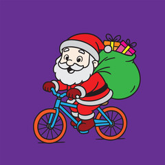 Vector cartoon illustration of Santa Claus riding a bicycle carrying a big sack filled with Christmas gifts, designed in bright festive colorful style.
