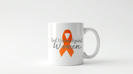 White mug with orange ribbon and end violence against women text isolated on white background, a symbol of support and awareness for the cause, promoting equality