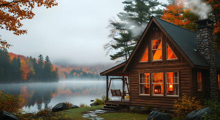 Autumnal tranquility radiates from a secluded lakeside cabin, its warm interior lights contrasting with the cool misty air and vibrant fall foliage surrounding the serene landscape creating peaceful