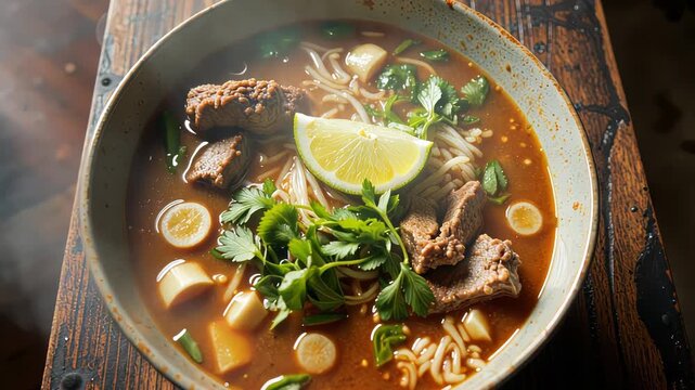 Aromatic and Flavorful Bowl of Spicy Noodle Soup with Tender Meat and Fresh Herbs on Rustic Wooden Table