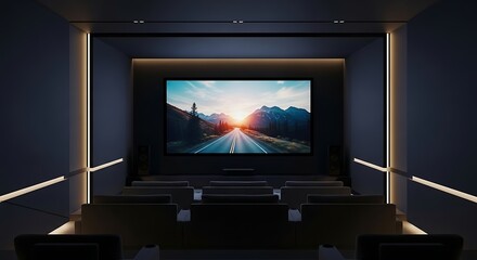 Fototapeta premium A luxurious, modern home theater with comfortable seating, sleek ambient lighting, and a large screen showcasing a stunning mountain sunset. Ideal for an immersive cinematic experience.