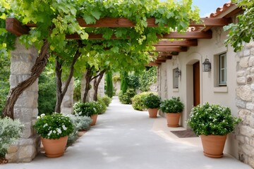 Fototapeta premium Grapevine covering the walkway of a house