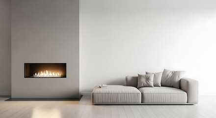 Serene modern living room featuring a sleek built-in fireplace with a warm flame and a comfortable light-colored sofa on light wood flooring, exuding minimalist design.