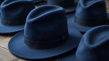 A lineup of classically designed navy blue fedora hats showcasing a sophisticated and timeless fashion accessory