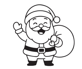 A vector drawing depicting Santa Claus with a sack of Christmas presents, illustrated in simple cartoon style, monochrome tones, bold black outline.
