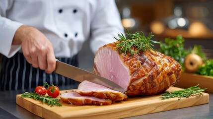 Chef slicing roasted ham with rosemary and tomatoes on wooden board