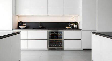 Sleek, modern kitchen with white flat-panel cabinets, black countertops, an integrated wine cooler, and minimalist decor. Ideal for contemporary homes.