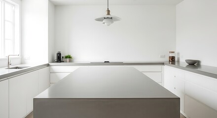 A bright, modern white kitchen featuring a sleek grey island and minimalist design. Perfect for contemporary home decor inspiration and clean living spaces.