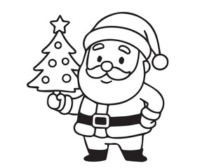 Vector cartoon design featuring Santa Claus carrying a festive Christmas tree, created in minimal style, fully black and white with heavy outline.
