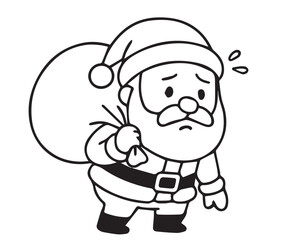 Vector cartoon design featuring Santa Claus carrying a large bag full of Christmas gifts, created in black and white with solid outline.