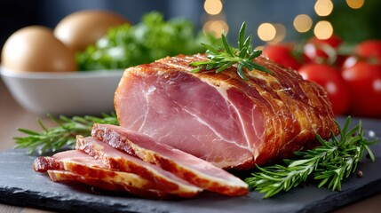 Fototapeta premium Sliced gammon steak with rosemary resting on black slate platter